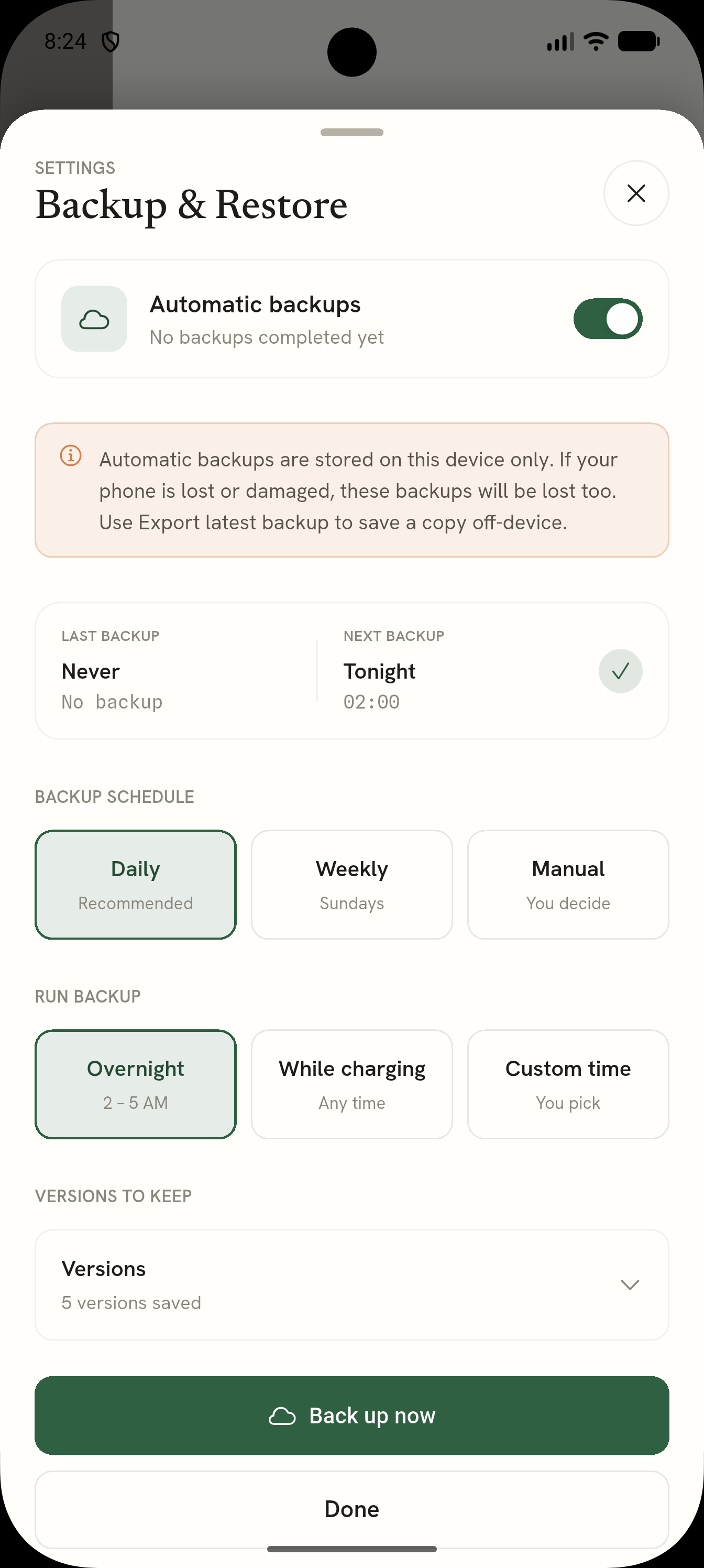 On-device backup and restore settings